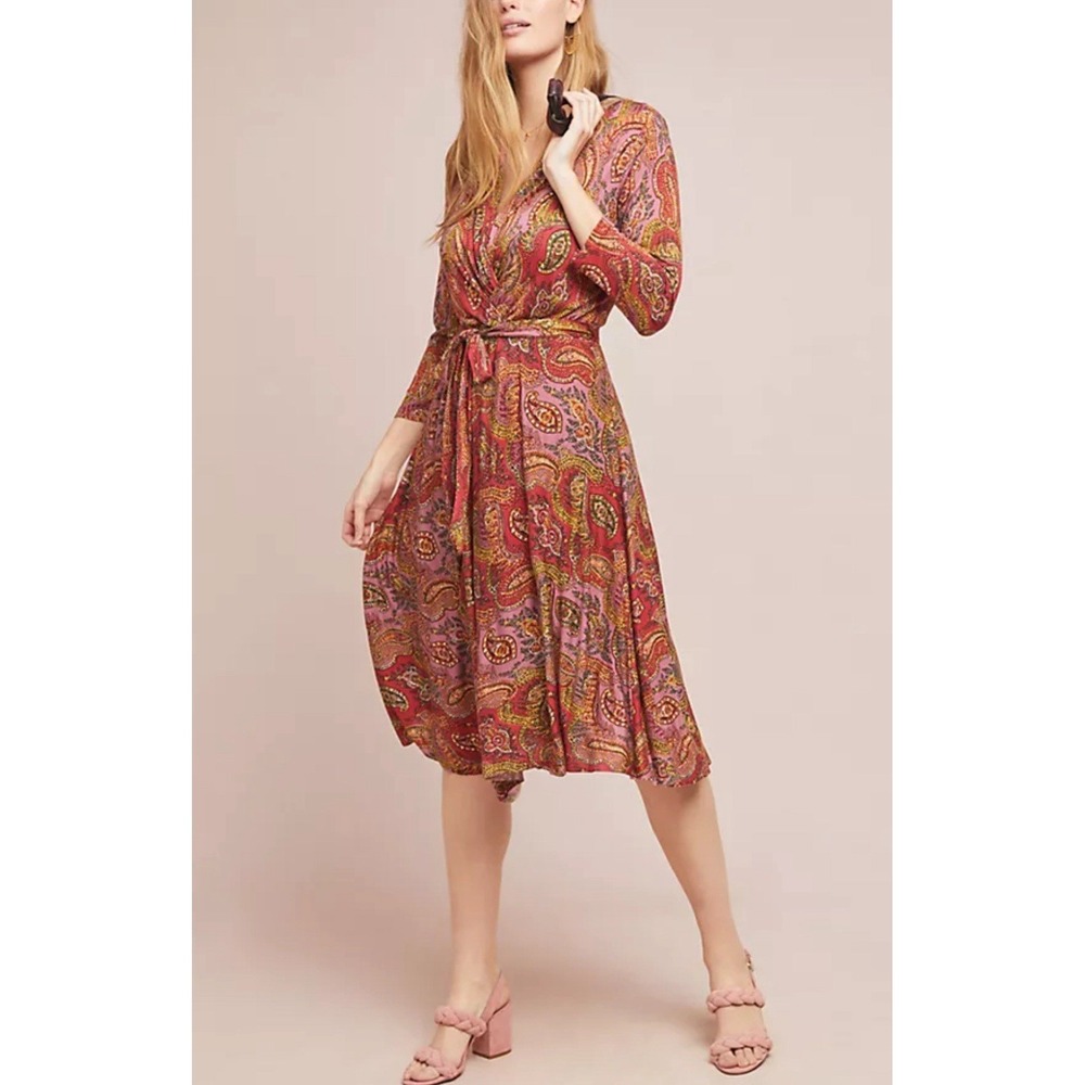 NWT Anthropologie Maeve Paisley Midi Faux Wrap Dress‎ Long Sleeve Boho Size L